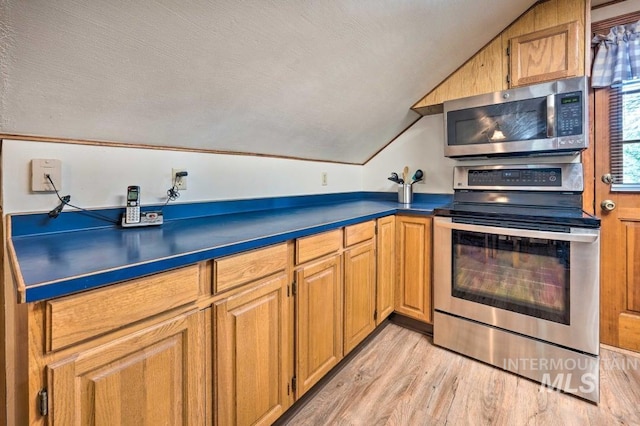 kitchen featuring a textured ceiling, light wood-type flooring, stainless steel appliances, and lofted ceiling