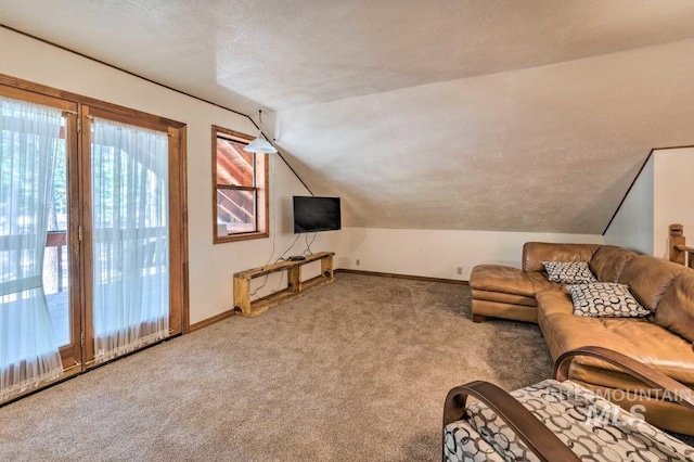 carpeted living room featuring a textured ceiling and lofted ceiling