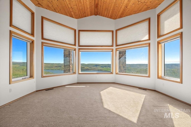 unfurnished room with carpet, vaulted ceiling, baseboards, and a water view