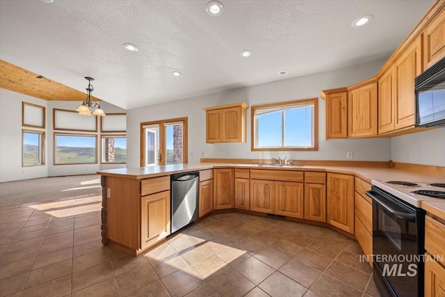 kitchen featuring stainless steel dishwasher, electric stove, recessed lighting, light countertops, and a sink