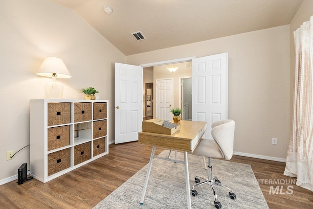 home office with lofted ceiling and wood-type flooring