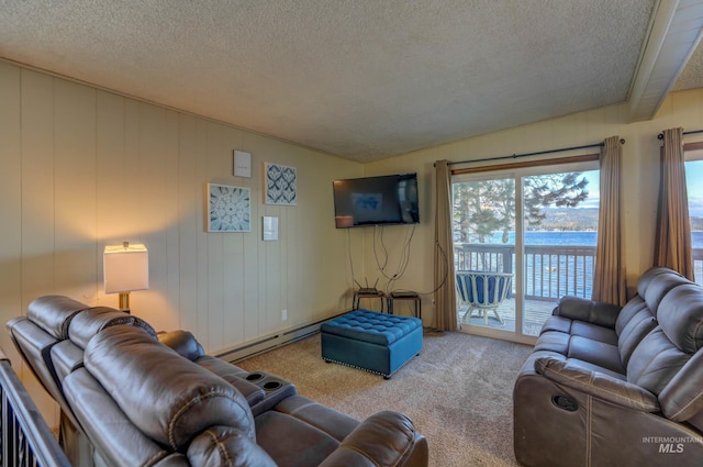 carpeted living room featuring baseboard heating and a textured ceiling