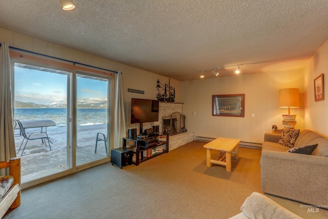 living room with a fireplace, a textured ceiling, track lighting, and carpet