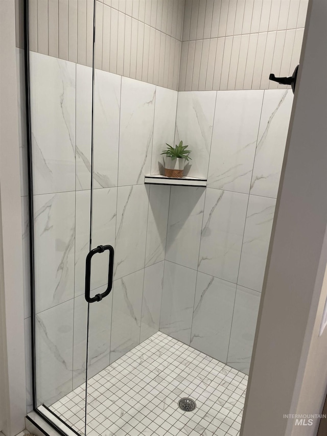 bathroom featuring a shower with shower door