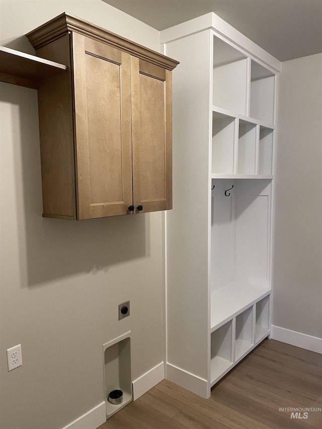 clothes washing area with hardwood / wood-style floors and electric dryer hookup