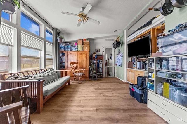 interior space featuring ceiling fan and light wood-type flooring