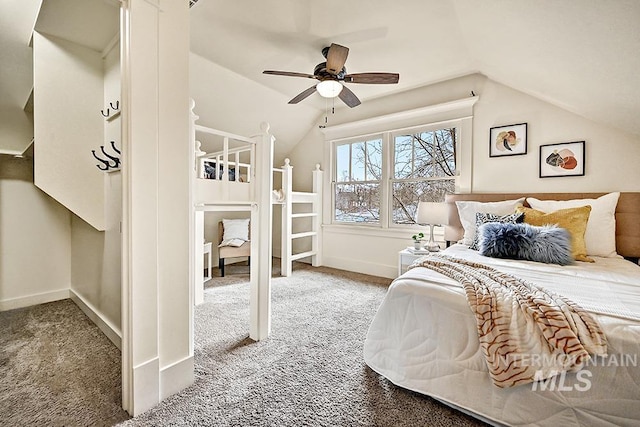 bedroom with vaulted ceiling, a ceiling fan, baseboards, and carpet floors