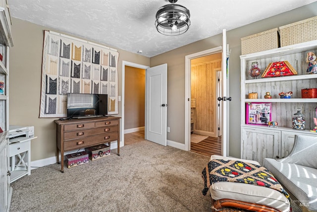 bedroom with carpet floors, baseboards, and a textured ceiling