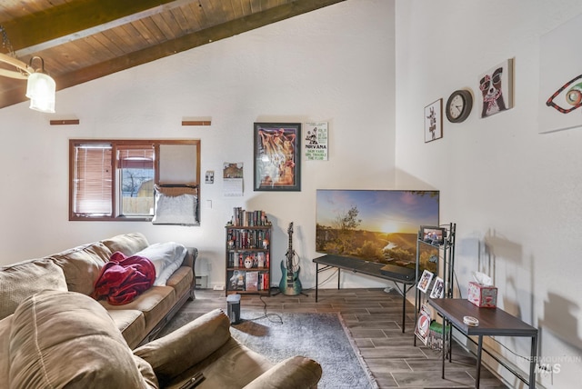 living area with lofted ceiling with beams, wood ceiling, and wood finished floors
