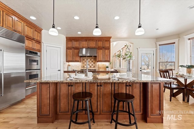 25374 W Deep Canyon Dr, Star, ID 83644 - kitchen with appliances with stainless steel finishes, under cabinet range hood, a warming drawer, decorative backsplash, and recessed lighting