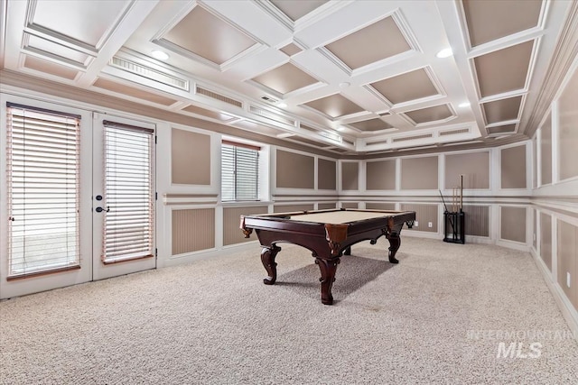 25374 W Deep Canyon Dr, Star, ID 83644 - game room featuring pool table, coffered ceiling, french doors, carpet, and a decorative wall