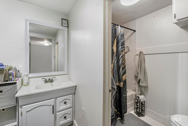 full bathroom with vanity, toilet, and shower / bathtub combination with curtain