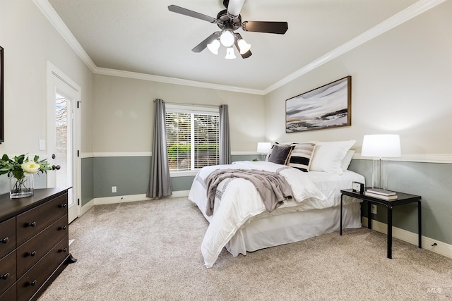 bedroom with light carpet, baseboards, and ornamental molding