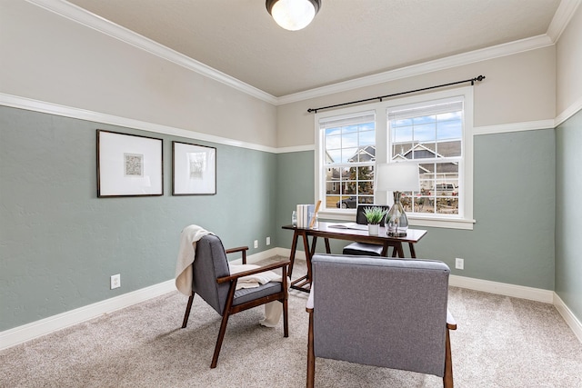 carpeted office space featuring baseboards and crown molding