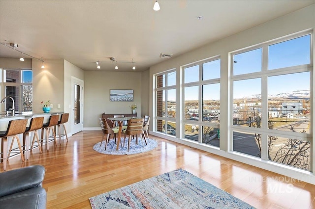 dining area with sink and light hardwood / wood-style floors