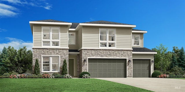 view of front of property with a front lawn, concrete driveway, a garage, and stone siding