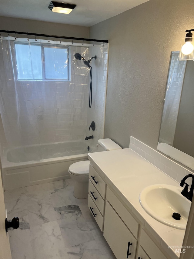 full bathroom featuring vanity, backsplash,  shower combination, and toilet