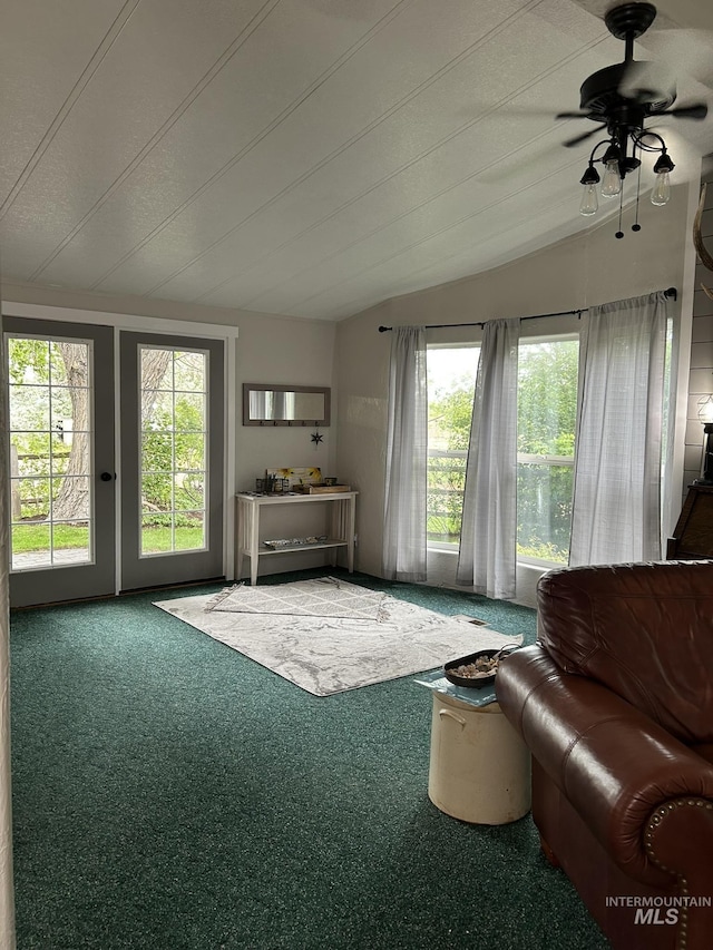 1614 E 1800 S, Gooding, ID 83330 - living room with carpet, lofted ceiling, plenty of natural light, and a ceiling fan