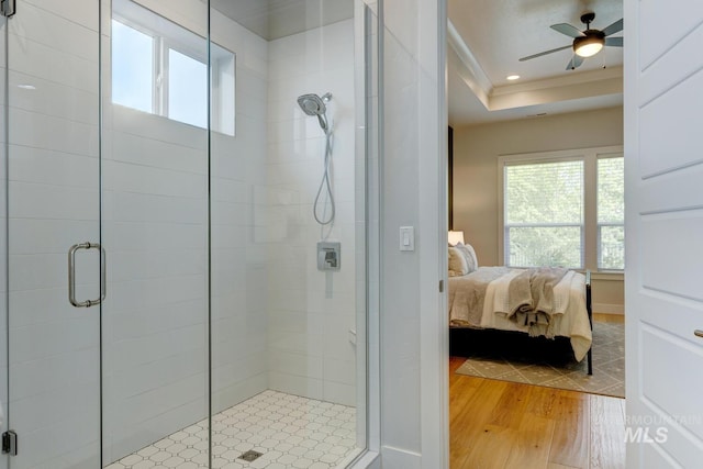 4014 W Farm View Dr, Boise, ID 83714 - ensuite bathroom featuring healthy amount of natural light, a ceiling fan, ornamental molding, and a shower stall