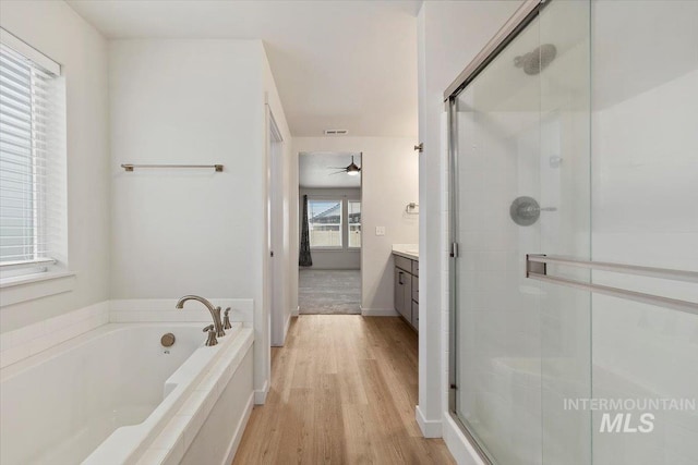 full bathroom with a stall shower, vanity, and a garden tub