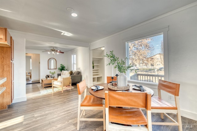 dining room with built in shelves, ceiling fan, light hardwood / wood-style flooring, and ornamental molding