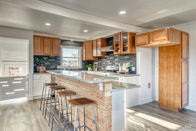 kitchen featuring light stone countertops, a kitchen breakfast bar, a kitchen island, light hardwood / wood-style flooring, and stainless steel electric range oven