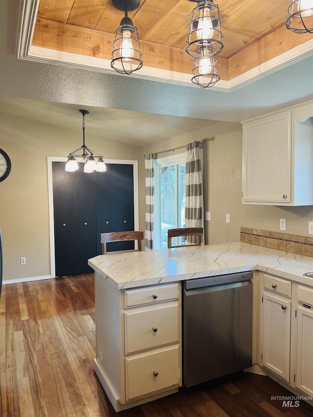 kitchen with dishwasher, a peninsula, dark wood-style flooring, white cabinets, and wooden ceiling