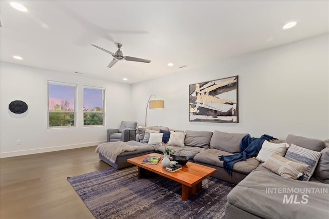 1891 E Golden Oak Ct, Meridian, ID 83646 - living room featuring dark wood-style flooring, ceiling fan, recessed lighting, and baseboards