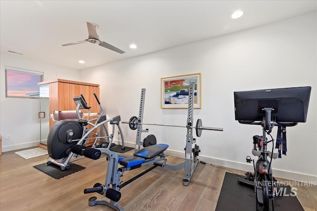 1891 E Golden Oak Ct, Meridian, ID 83646 - exercise room featuring a ceiling fan, wood finished floors, recessed lighting, and baseboards