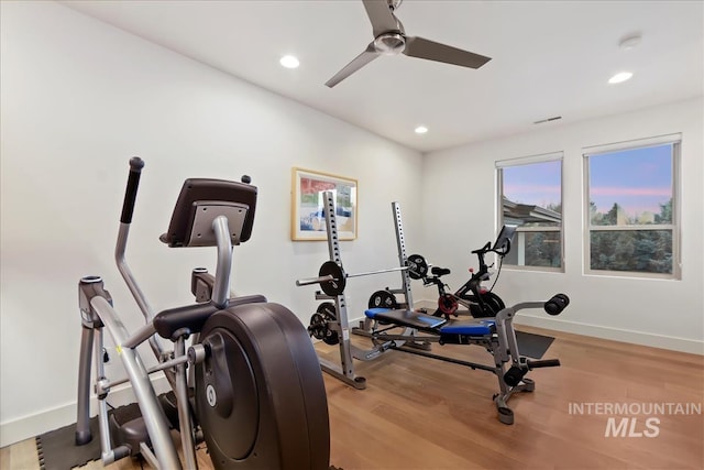 1891 E Golden Oak Ct, Meridian, ID 83646 - exercise room featuring ceiling fan, baseboards, recessed lighting, and light wood-style flooring