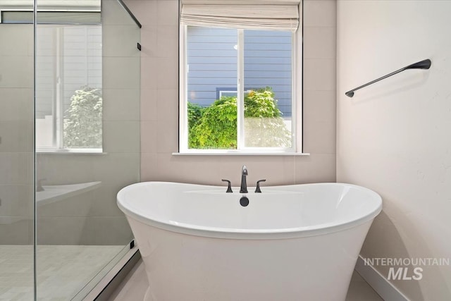 bathroom with a freestanding bath and a tile shower