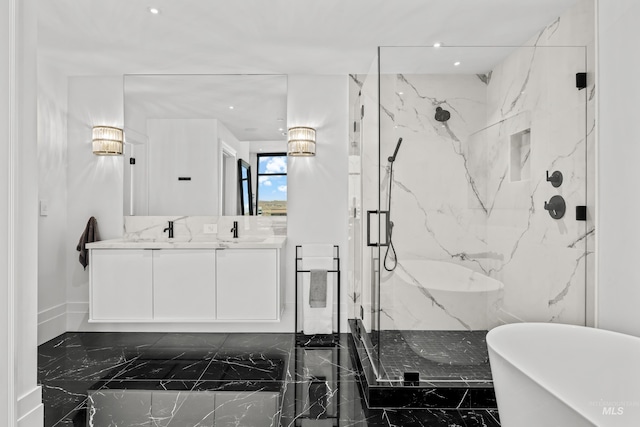 255 S Capitol Blvd Unit 1403, Boise, ID 83702 - bathroom featuring marble tiled floors, a marble finish shower, double vanity, and a freestanding bath