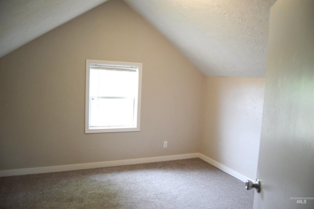 additional living space with baseboards, a textured ceiling, carpet, and lofted ceiling