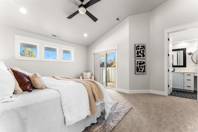 bedroom featuring dark colored carpet, visible vents, access to outside, and lofted ceiling