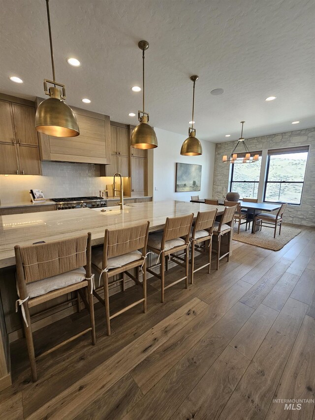 11444 N 17th Way, Boise, ID 83714 - kitchen featuring dark wood-style floors, tasteful backsplash, a textured ceiling, recessed lighting, and a sink
