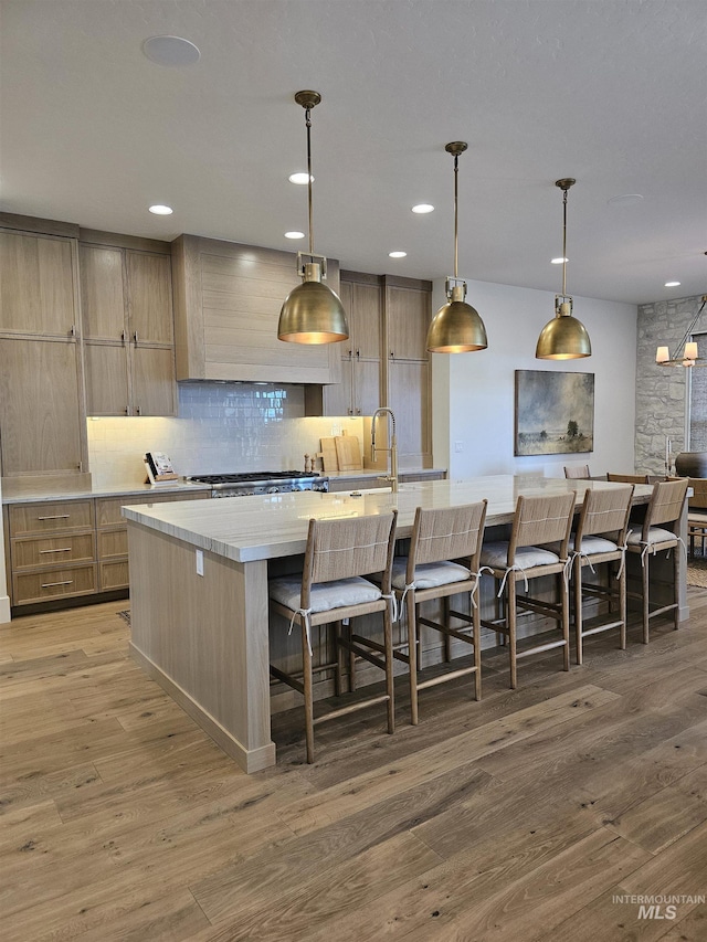 11444 N 17th Way, Boise, ID 83714 - kitchen with range hood, light wood-style floors, decorative backsplash, a spacious island, and recessed lighting
