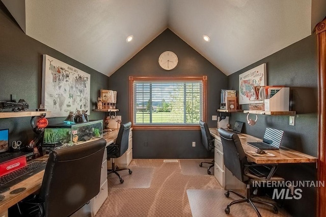 2350 Trail Rd, Moscow, ID 83843 - carpeted home office featuring vaulted ceiling and recessed lighting