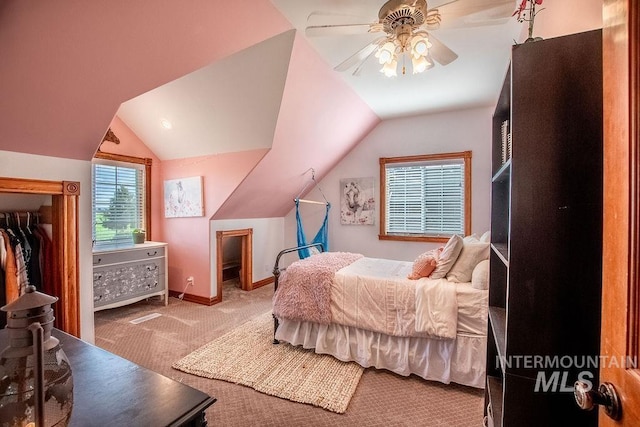 2350 Trail Rd, Moscow, ID 83843 - bedroom featuring carpet, lofted ceiling, baseboards, and a ceiling fan