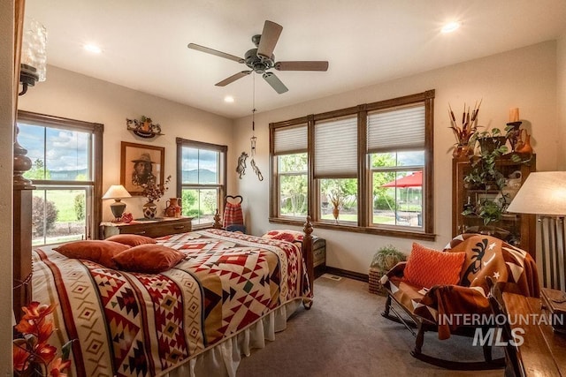 2350 Trail Rd, Moscow, ID 83843 - bedroom featuring carpet floors, baseboards, recessed lighting, and a ceiling fan