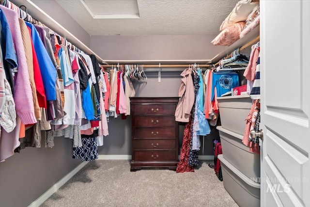 walk in closet featuring light colored carpet