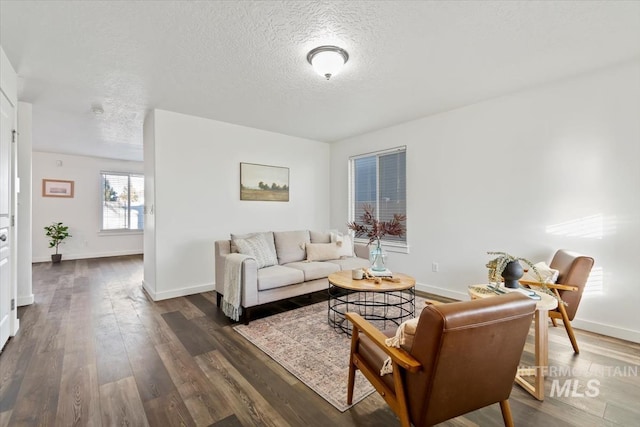 living room featuring a textured ceiling and dark wood-type flooring