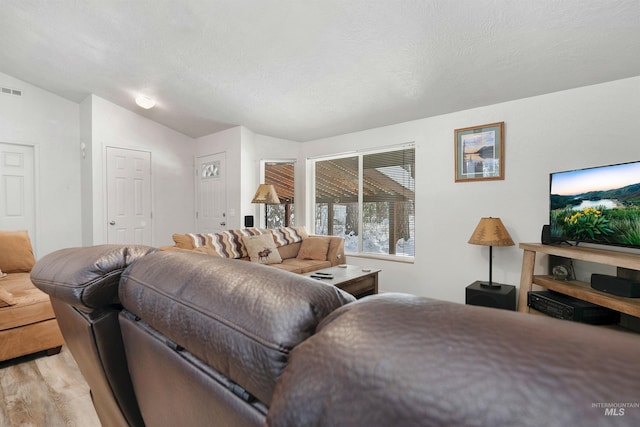 living room with a textured ceiling, light wood-type flooring, and lofted ceiling