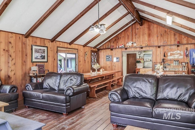 living room with wooden walls, beam ceiling, high vaulted ceiling, and wood-type flooring