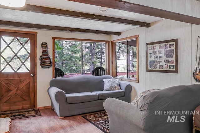 living room with beamed ceiling, plenty of natural light, and hardwood / wood-style floors