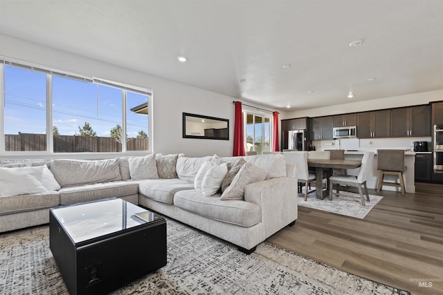 living room featuring light wood-type flooring and a wealth of natural light