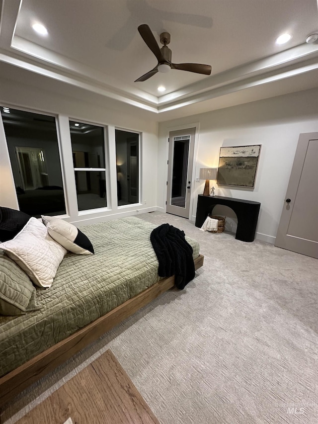 2253 Caribel St, Twin Falls, ID 83301 - carpeted bedroom with a raised ceiling, recessed lighting, and a ceiling fan