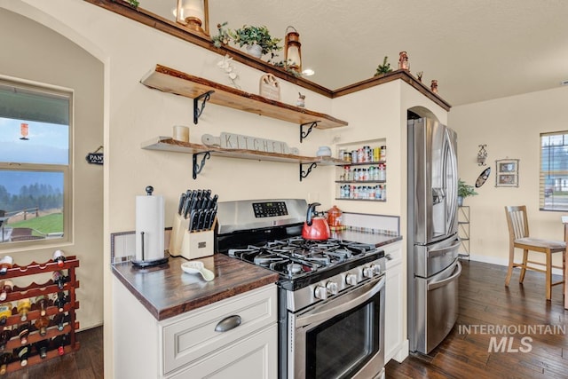 kitchen with wood counters, stainless steel appliances, dark hardwood / wood-style floors, and white cabinets