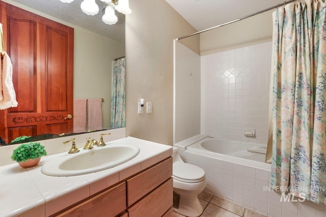 3283 Willow Cir, Twin Falls, ID 83301 - full bathroom featuring tile patterned flooring, vanity, shower / bath combo with shower curtain, and a chandelier