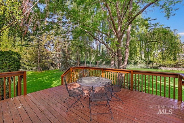 3283 Willow Cir, Twin Falls, ID 83301 - wooden terrace featuring outdoor dining area, a fenced backyard, and view of wooded area