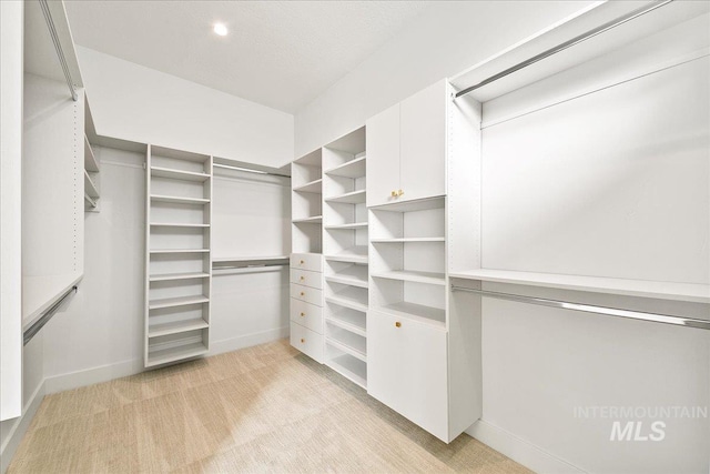 walk in closet featuring light colored carpet